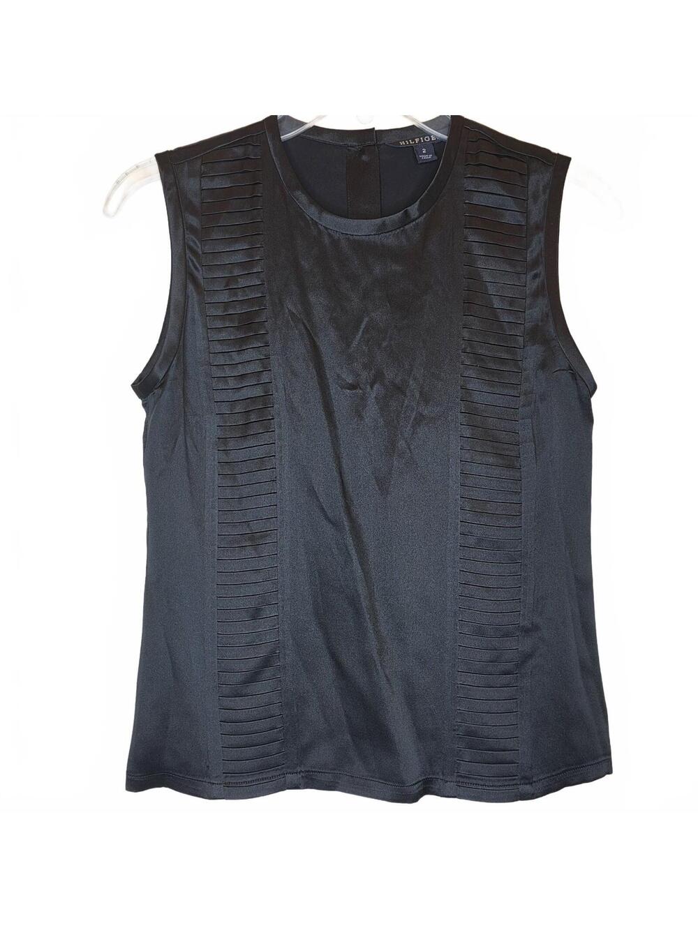 Tommy Hilfiger Black 100% Silk Sleeveless Pleated Front Top Size 2